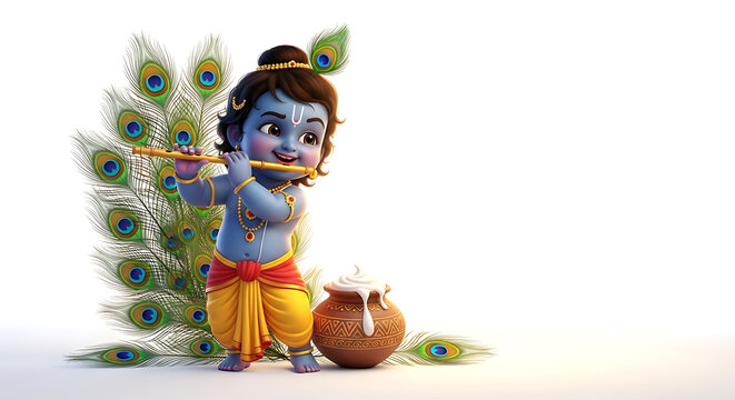 Charming Young Krishna Playing Flute Celebrating Janmashtami Festival with Peacock Feathers