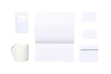 White office supplies and a mug, isolated on white, PNG