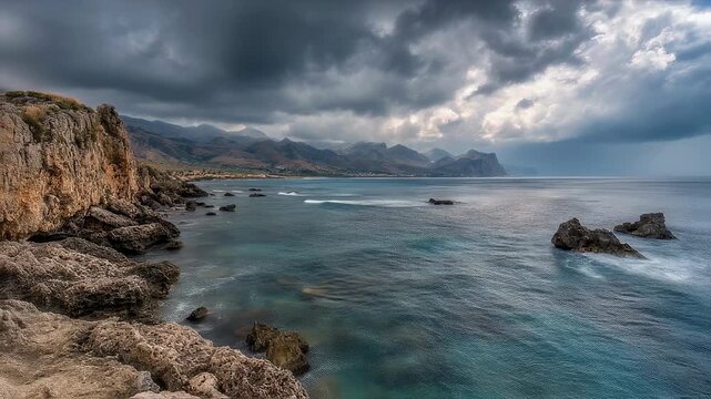 Moody Sicilian seascape in southern Italy with rugged rocky shore, churning Mediterranean waves and swirling storm clouds under a dramatic gray sky