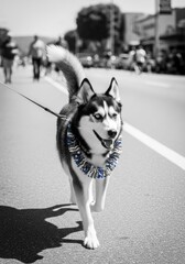 Dog husky wear patriotic red white and blue patriotic necklace on 4th July parade street