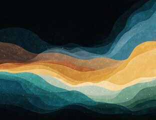 Abstract layered wavy shapes in warm and cool tones against a dark background