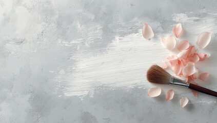 Light gray textured surface with pale pink rose petals and a makeup brush