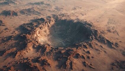 Vast crater in arid, rocky landscape