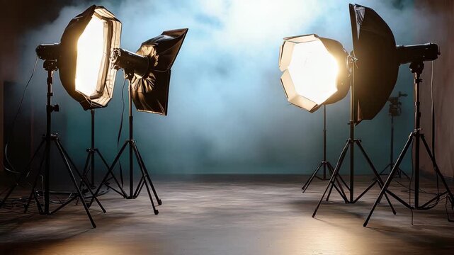 Studio lighting setup with softboxes and smoke effects for a photography session