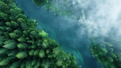 Verdant forest meets a teal river, shrouded in mist