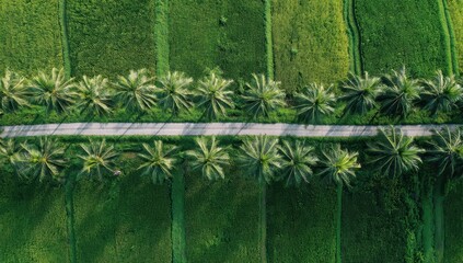 Aerial view of a road lined with palm trees through rice paddies