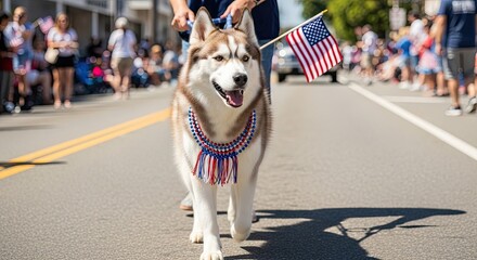 Dog husky wear patriotic red white and blue patriotic necklace on 4th July parade street