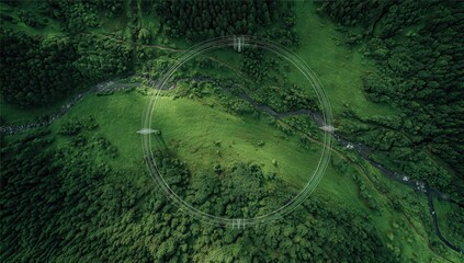 Aerial view of a valley, circled