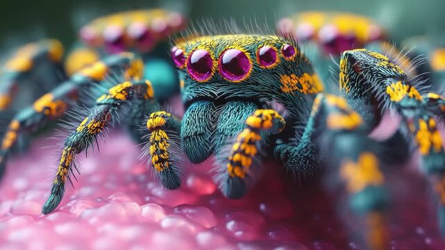 Colorful close-up of a spider on vibrant surface in nature captures fine details of its features and habitat