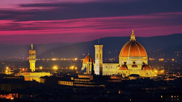 Beautiful sunset over Florence with illuminated Duomo and Palazzo Vecchio under a vibrant sky
