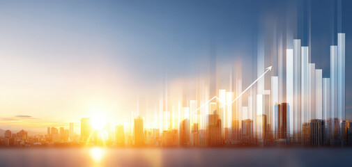 Ai finance economic growth concept with rising bar chart and arrow over city skyline at sunrise showing positive trend and future success