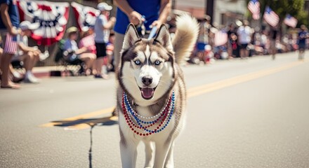 Dog husky wear patriotic red white and blue patriotic necklace on 4th July parade street