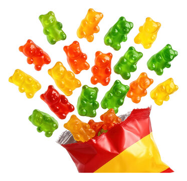 Gummy bears catapulting from a split bag, frozen mid-leap.