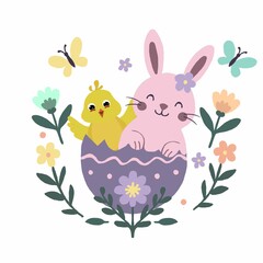 ИллюстрEen schattige Paascompositie met een roze konijn, een gele kip in een versierd ei, omringd door bloemen en vlinders wordt gepresenteerd. Het is gemaakt in de kawaii-stijl met zация без названия