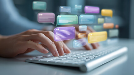 Woman types on a keyboard, surrounded by floating colorful speech bubbles representing communication and digital messaging in a modern technology environment.