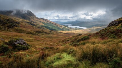 Mountain valley with lake, dramatic clouds