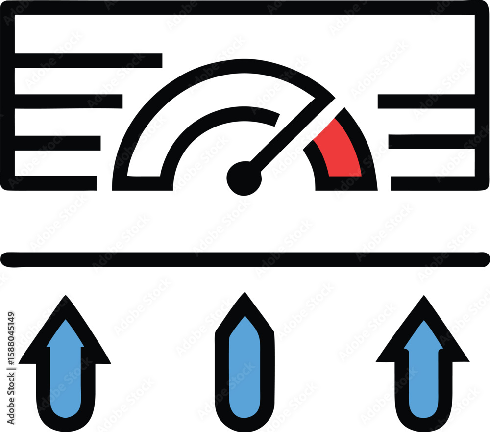 Poster flat vector icon of a dashboard with a left facing gauge and four decreasing elements isolated on tr