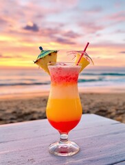 Tropical Beach Cocktail at Sunset Summer Vacation Getaway Relax