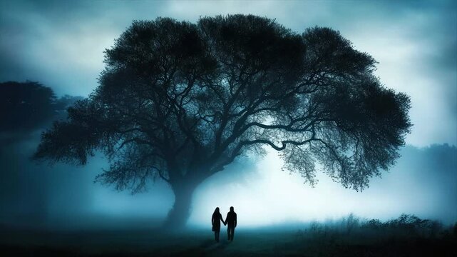 Silhouetted couple holding hands beneath a large tree in a misty, twilight scene