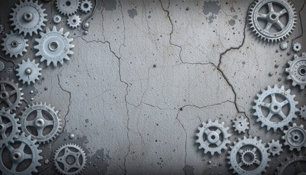 grungy texture background in steel blue and concrete grey with faint outlines of gear wheels and mec