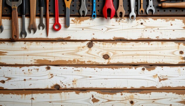 background composed of wooden planks with faded paint and tools hanging on a pegboard pattern along