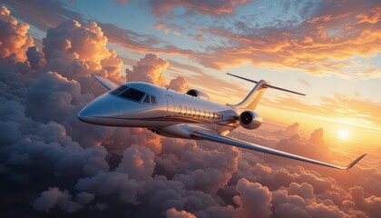 Luxury Private Jet Flying Above Clouds During Vibrant Sunset, Private Jet Flying Above Clouds at Sunset