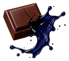 A chocolate piece cracking with a flow of blueberry liqueur.