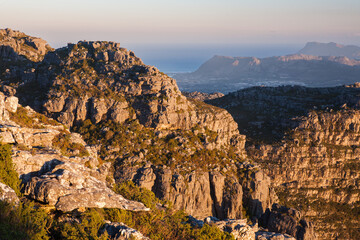 Sunset Light on Rugged Cliffs of Table Mountain, Cape Town, South Africa