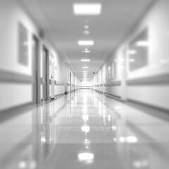 Bright and Clean Hospital Corridor with Reflective Floors and Lights