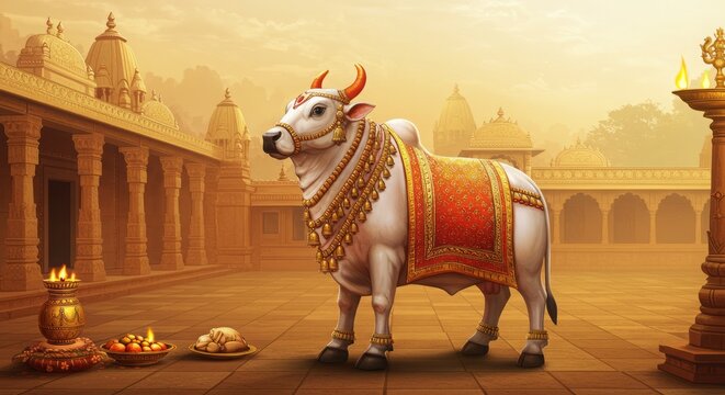 Traditional painting of Nandi bull adorned with colorful fabrics and bells