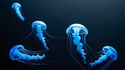 multiple beautiful glowing blue fluorescent  jellyfish on a dark background; perfect for editing