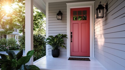 A welcoming front porch featuring a bright red door, lush greenery, and warm sunlight in a suburban setting