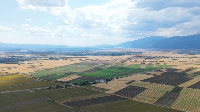 Wide Aerial Shot of Bulgarian Countryside and Farmlands Near Kazanlak