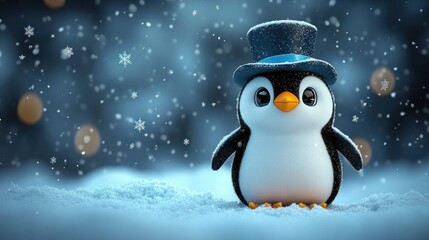 Adorable penguin wearing a top hat standing in a snowy landscape with falling snowflakes