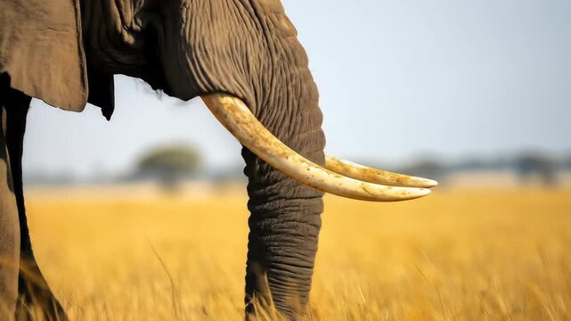 A close shot of an African elephant shows its trunk and tusks moving in a golden savanna, evoking the wild and majestic nature of these giant mammals.