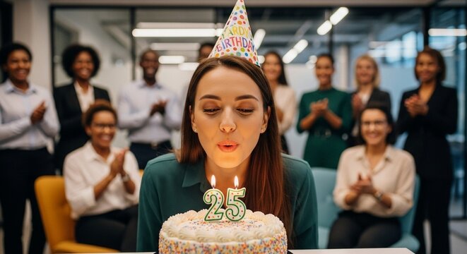 Woman blows out candles on her 25th birthday cake, surrounded by applauding colleagues in an office.