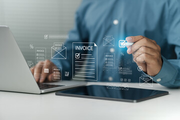 Invoice concept. Digital invoice processing and checklist financial workflow, electronic statements...