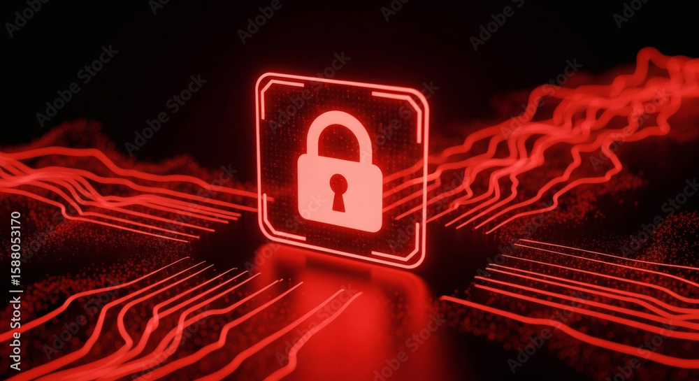 Poster cyber security lock symbol with glowing circuit lines protecting data integrity