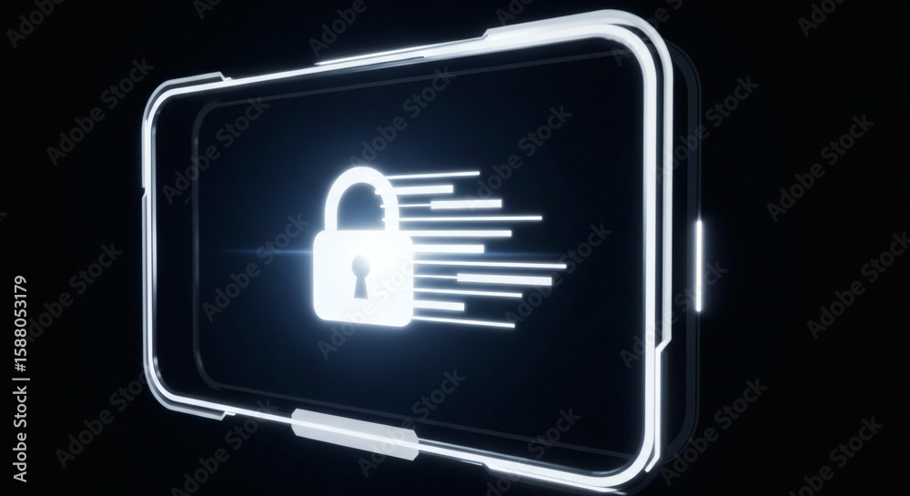 Fototapete digital security concept with padlock icon on a modern neon-lit screen frame
