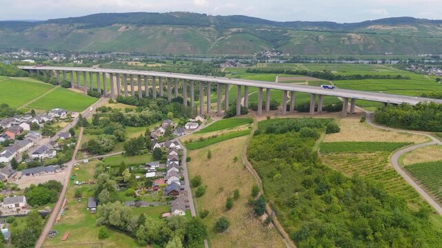 Moselle Viaduct Longuich, between Trier and Schweich, bridge of highway crossing the Mosel river in the valley, german autobahn, aerial view
