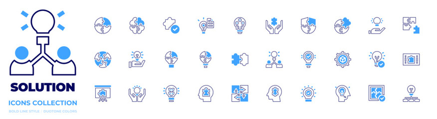 Solution icon collection. Bold line style. Duotone colors. idea, puzzle, skill development, solution, invention, integration, innovation, light bulb, piece