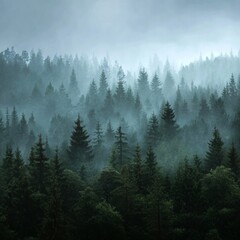Serene Misty Forest Landscape with Tall Evergreen Trees and Fog