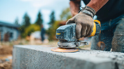 Construction worker using an angle grinder to cut concrete block with sparks flying