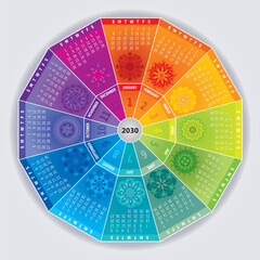 Calendrier 2030 avec Mandalas - Roue Couleurs Arc-en-Ciel - 12 Mois - Vecteur