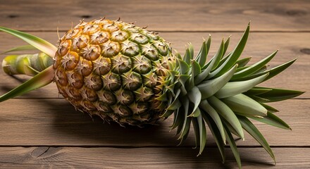 Obraz premium Fresh Pineapple on Wooden Table, Tropical Fruit with Green Leaves and Texture