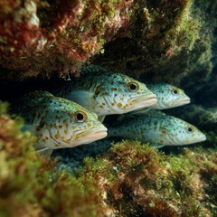 Underwater Scene with Colorful Fish Among Coral Reef and Rocks