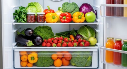 Colourful fruits and fresh vegetables neatly arranged in a refrigerator shelf for healthy eating meal prep diet food blog or kitchen storage concept