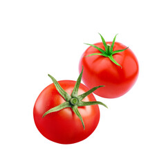 High-resolution isolated image of two fresh red tomatoes with green stems on a white background....