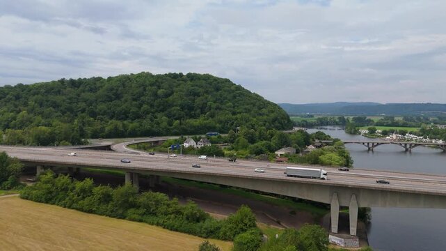 Moselle Viaduct Schweich near Trier, bridge of highway crossing the Mosel river in the valley, german autobahn, aerial view