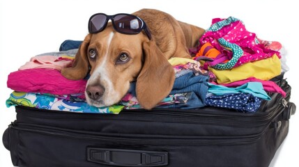 Cute dog with sunglasses lying on overfilled black suitcase, colorful summer clothes spilling out, showing sad and longing expression, humorous travel scene suggesting pet's desire to join vacation